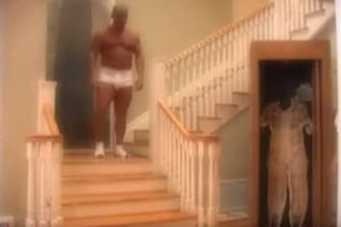 young man eats daddy's cum on the stairs.
