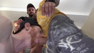 two Tradie Geezers Paint Unlucky Ginger's pussy White With goo before Shift