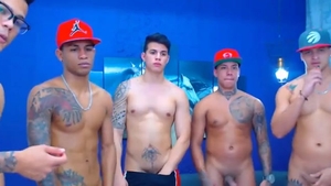 Five Tattooed friends stroking His knob