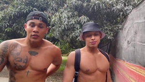 EastBoys.com: Latino Lucian Reed and Lucian handjob outdoors